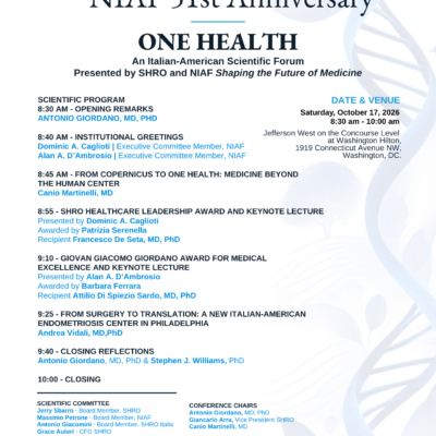 SHRO & NIAF “One Health – An Italian-American Scientific Forum: Shaping the Future of Medicine” The Program